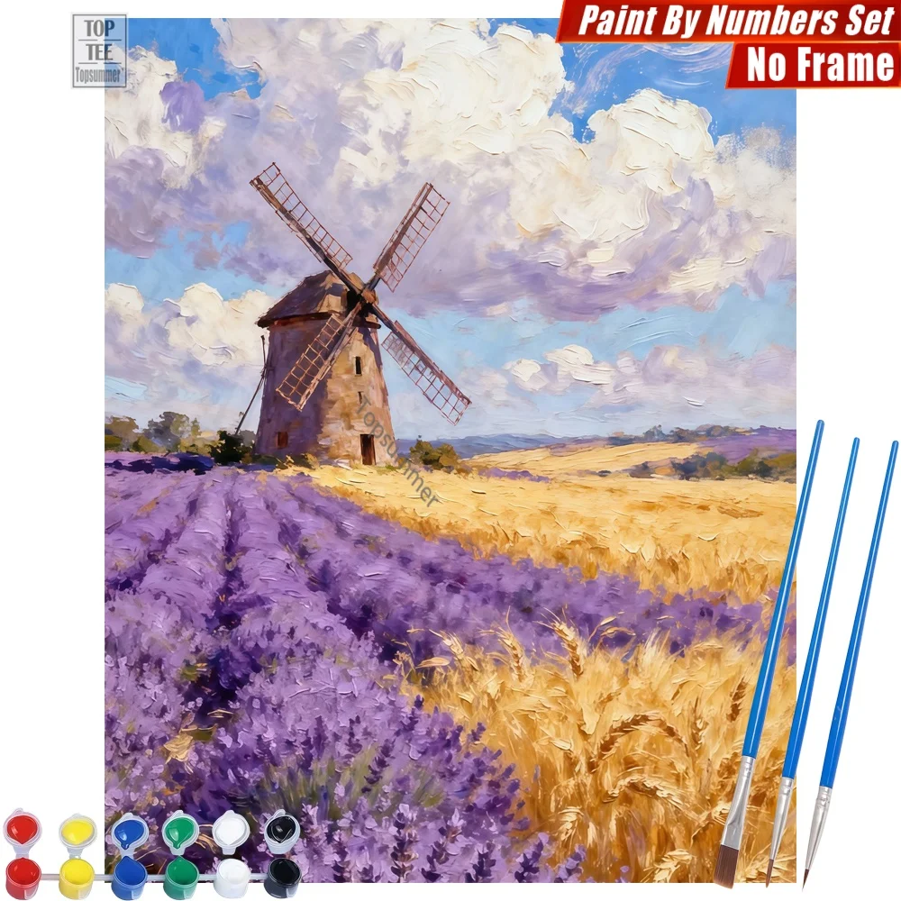 Set de Pinturas al Óleo Digitales con Diseño de Molino de Viento Rústico y Lavanda - Decoración para Habitación con Campos Dorados, Regalo para el Día de Acción de Gracias para Abuela
