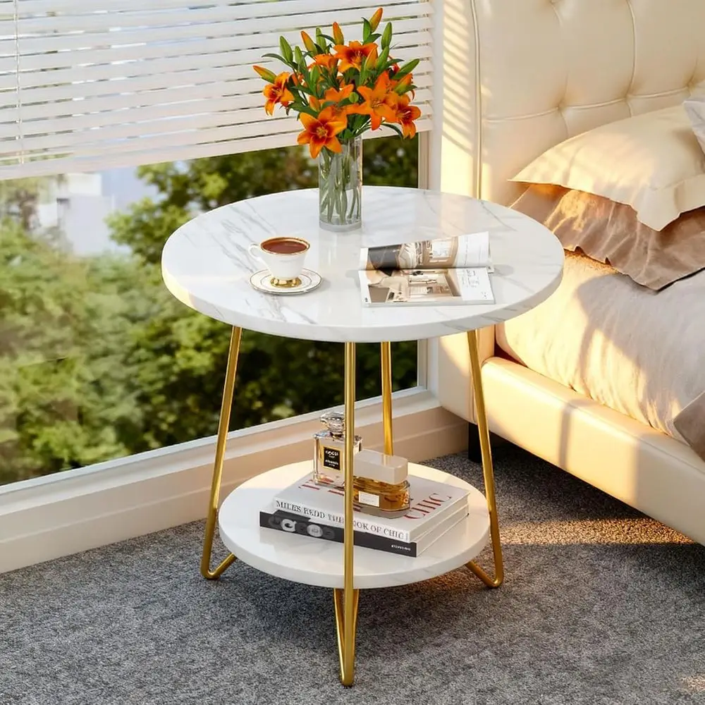2-Tier Round Marble Side Table with Shelves, White and Gold Accent Table for Living Room or Bedroom