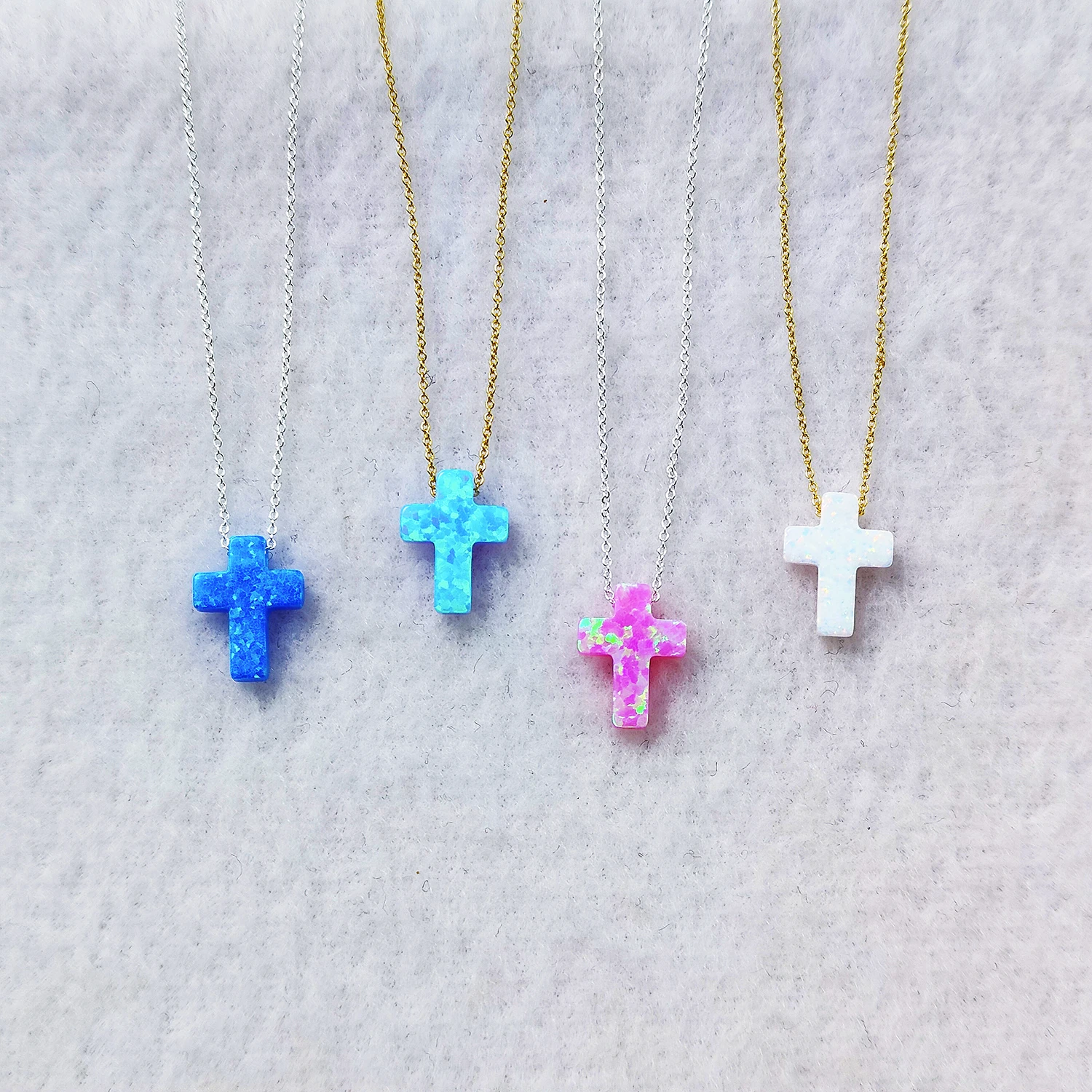 Cross Necklaces Woman Brass Plated Silver Gold 9x12mm Opal Jewelry Cross Pendant Chain