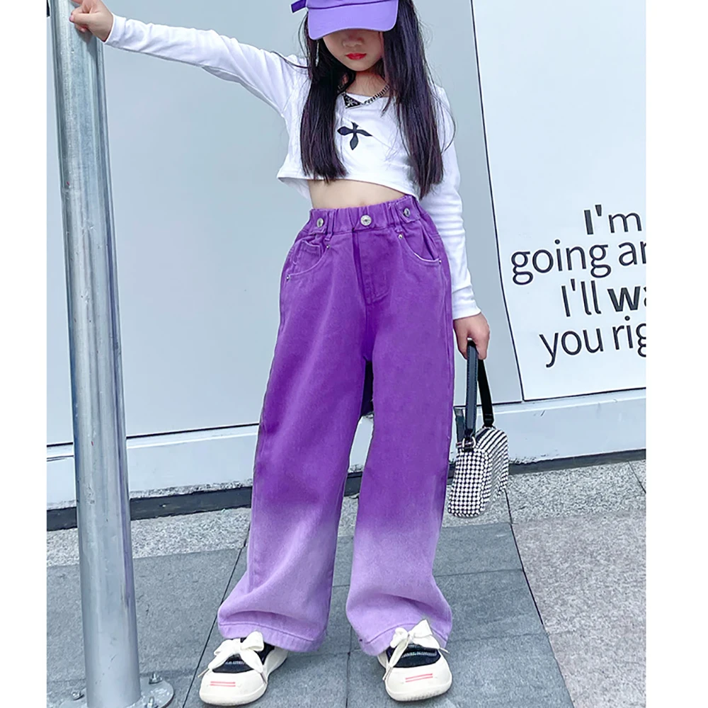 Children\'s Girls Gradient Jeans Pants Fashion Wide Leg Denim Colorblock Trousers Clothes Spring Autumn Streetwear