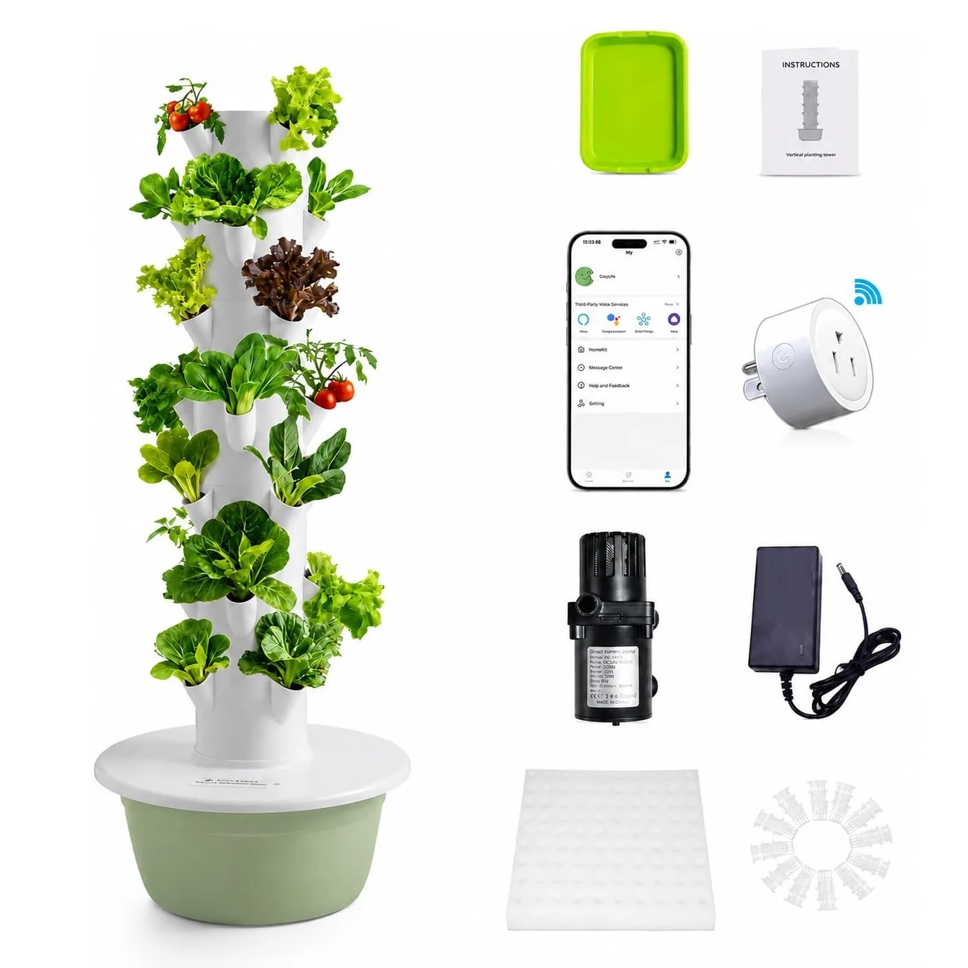7-Tier Hydroponic Tower, Hydroponic Growing System for 28 Plants, 40L Tank,Smart App Timer, Remote On/Off, Adjustable Water Pump, Removable Tiers; Indoor/Outdoor Garden for Vegetables & Strawberries