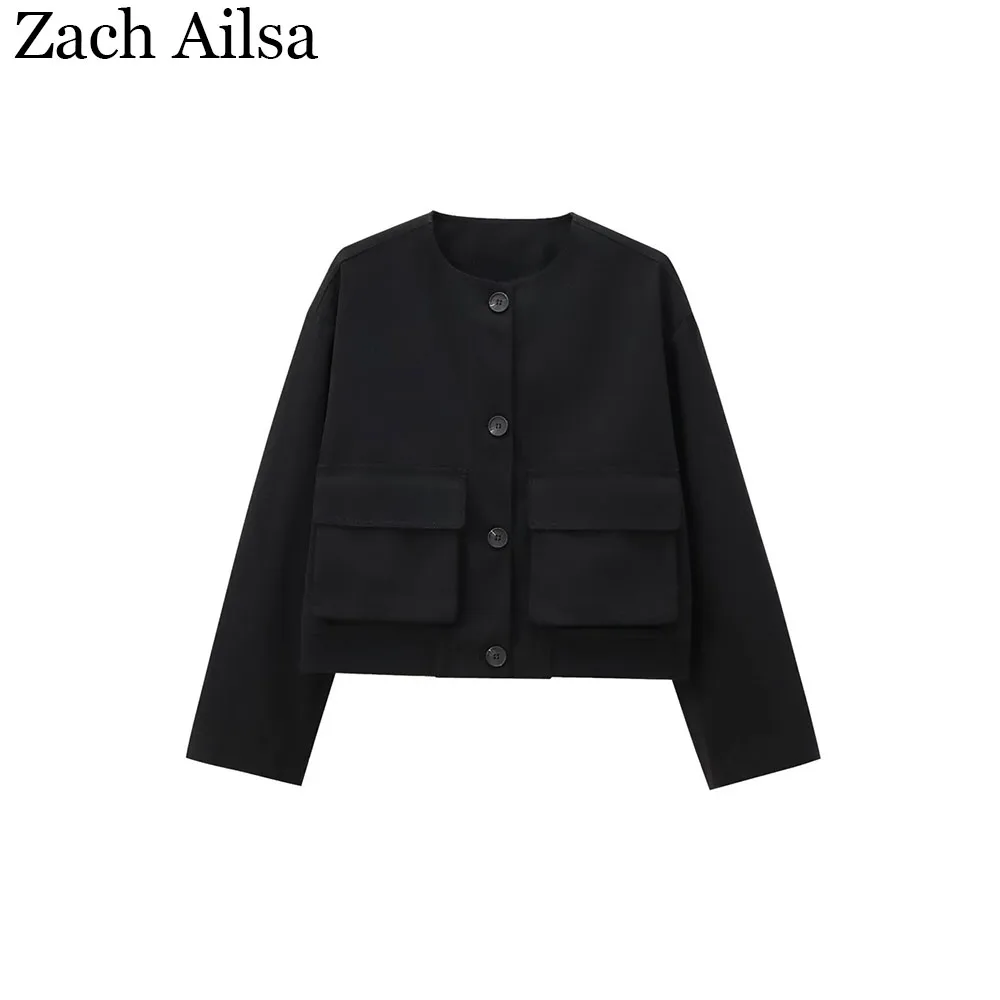 

Autumn new women's loose round neck pocket decoration short jacket casual short jacket