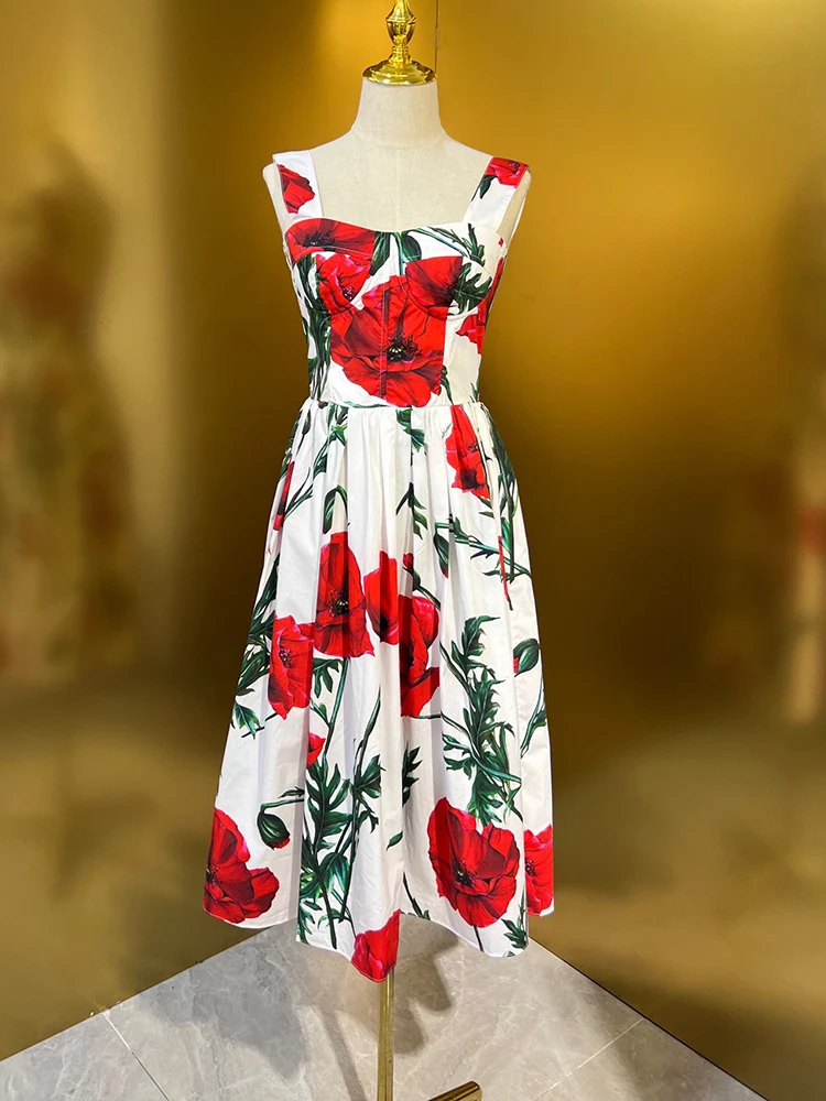 

Fashion Party Vacation 100% Cotton Women Dress Spaghetti Strap Red Flower Printing High Street Expansion Mini Vestidos