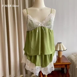 Sexy Lace Patchwork Cami Top&shorts 2Pcs Pyjamas Short Pajamas Suit Women Satin Nightwear Leisure Loungewear Spring Sleepwear