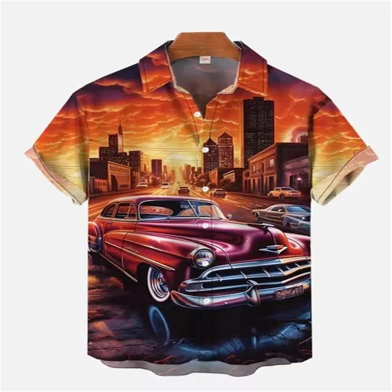 

1970s - 1980s Retro Car Poster Hawaiian Beach Cowgirl 3D Printed Short Sleeve Shirt Fashion Vintage Hawaiian Men's Shirt