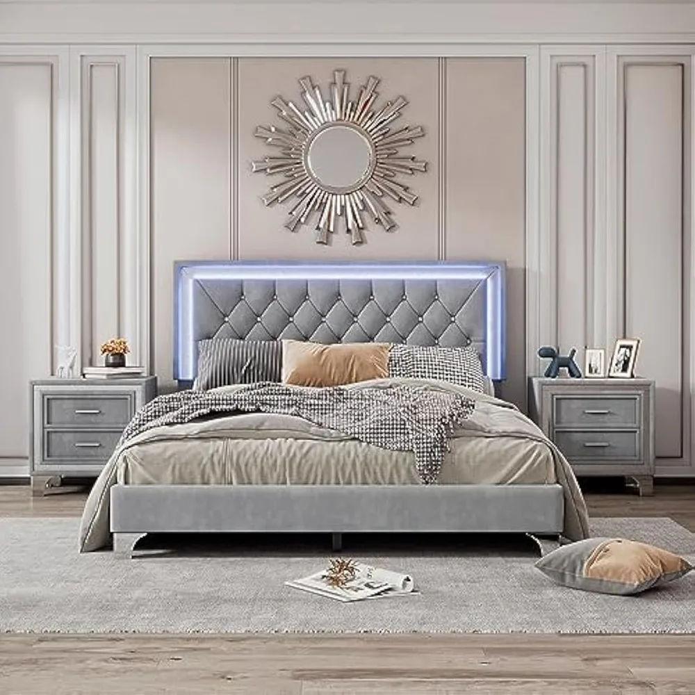 

Gray Queen Size Upholstered Platform Bed Set with LED Lights and Two Nightstands