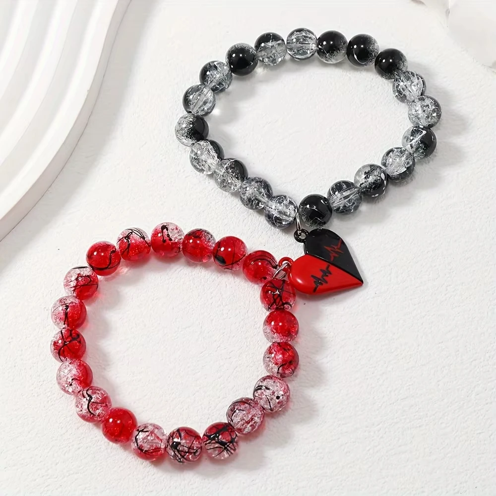 2Pcs Romantic ECG Heart Charms Couple Bracelet For Lover Women Men Magnetic Red Black Beaded Bracelets Party Gifts
