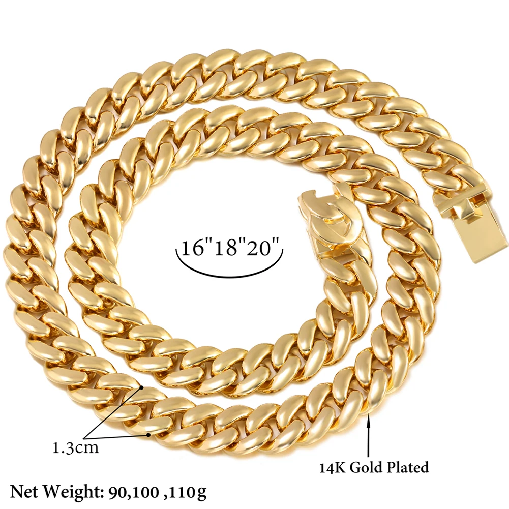 Hiphop Golden 13MM Curb Cuban Link Chain Necklace For Men Women Miami Cuban Necklace Bracelet Set Chunky Chain Fashion Jewelry