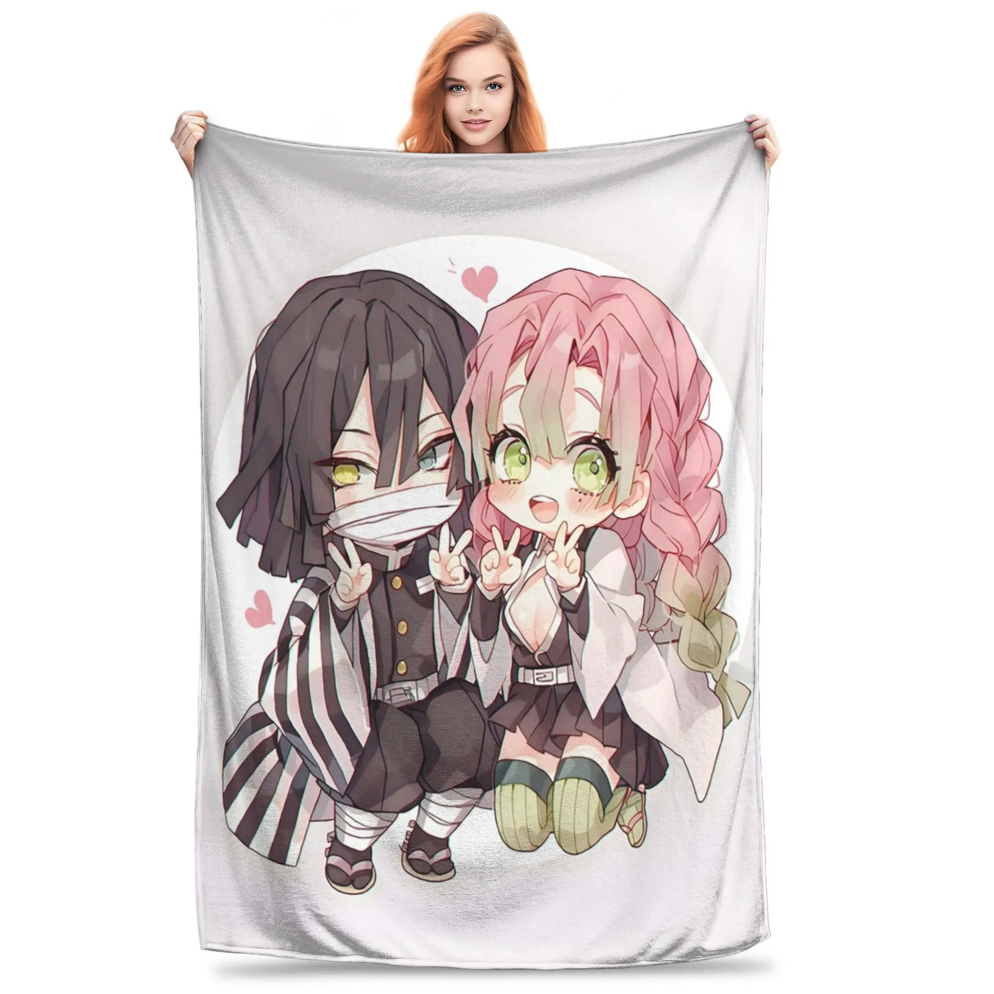 Mitsuri Kanroji and Iguro Obanai Blankets Soft Warm Flannel Throw Blanket Bedspread for Bed Living room Picnic Travel Home Sofa