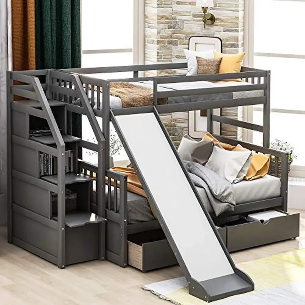 Twin Over Full Bunk Bed with Stairs Slide Storage Drawers Solid Pine Wood Safe Access Modern Design Gray Spindles 400lb Weight