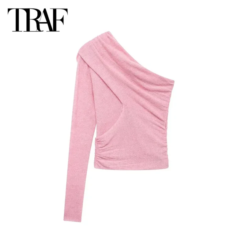 TRAF Women's Pink Sweater Tops 2024 Autumn Long Sleeve Cropped Knitted Pullovers Elegant Asymmetrical Floral Short Knitwear Tops