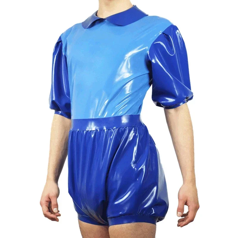 Two Pieces Blue Short Puff Sleeves Latex Swimsuit with Diaper Zipper At Back Rubber Body Suit Catsuit Bodysuit Zentai  S-XXL