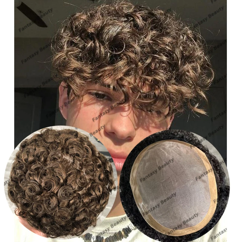 Caramel Brown #4 20mm Curly Men Human Hair Toupee Durable Fine Mono PU Base Man Hair Prothesis System Hairpieces Natural Look