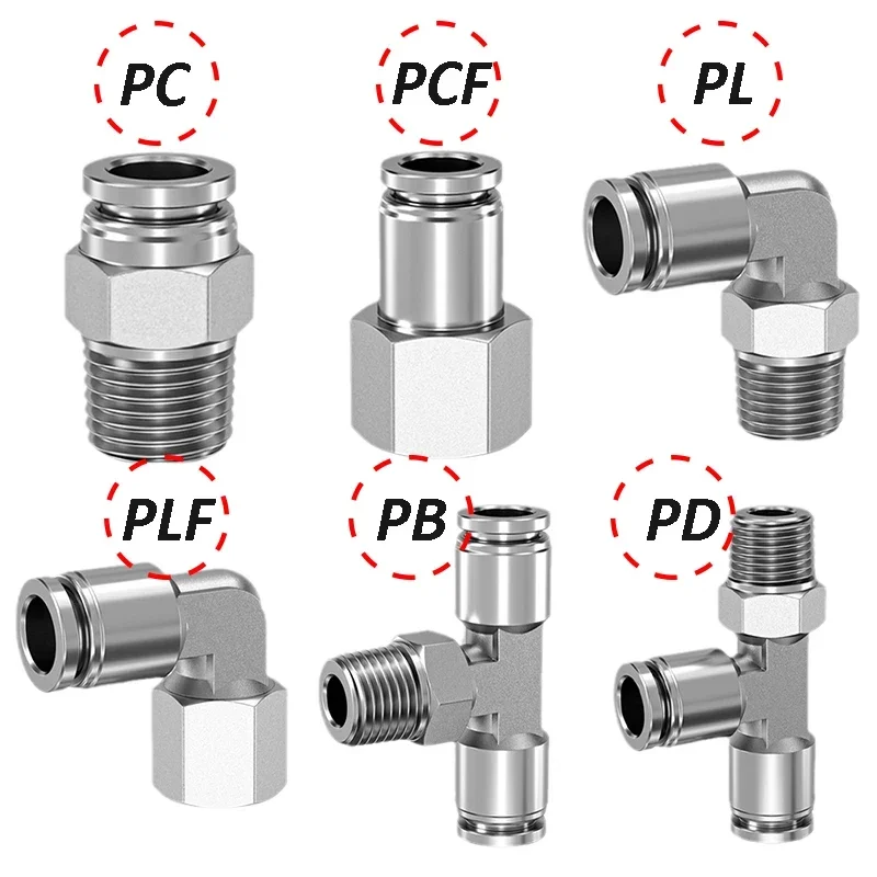 

304 Stainless Steel Pneumatic Hose Fitting PC PCF PL PLF PB Quick Release Pipe Fittings 1/8 1/4 3/8 1/2 BSP Air Tube Connector