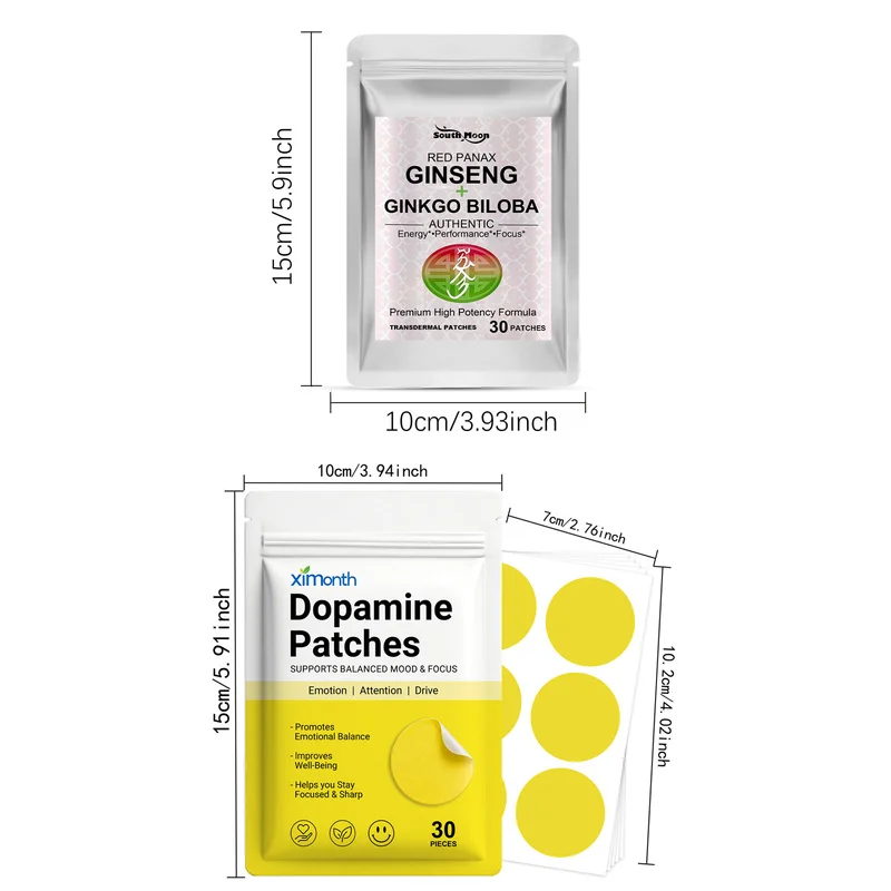 60-Piece Transdermal Patch Combo: Dopamine & Ginseng Ginkgo Biloba for Mood & Energy, Peel & Stick