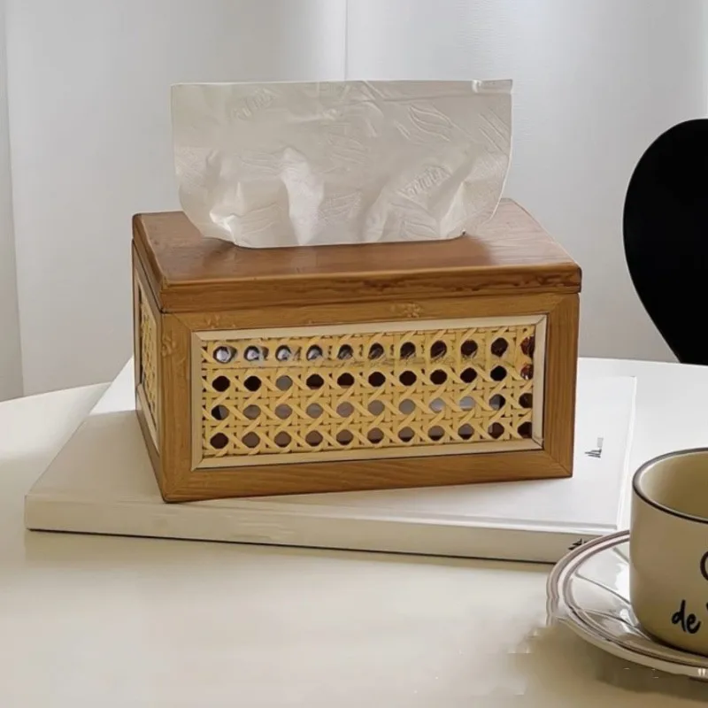 

A76X-Woven Rattan Tissue Box 304 Stainless Steel Vintage Japanese Style Handcrafted 2Pc