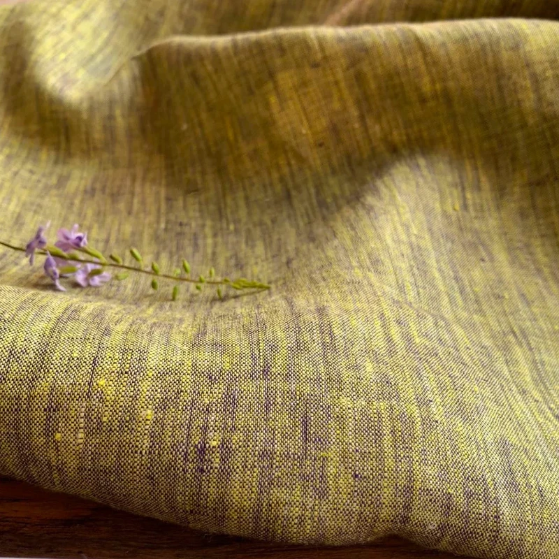 Tela de Lino Puro Color Morado Berenjena y Amarillo, Tejido Floral Texturizado Premium para Camisas, Vestidos, Manualidades y Accesorios de Costura