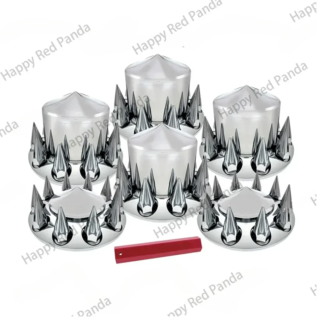 Chrome ABS Thread-On Spiked Axle Cover Combo Kit with Removable Hub Caps and Lug Nut Covers for Semi Truck, 33 mm