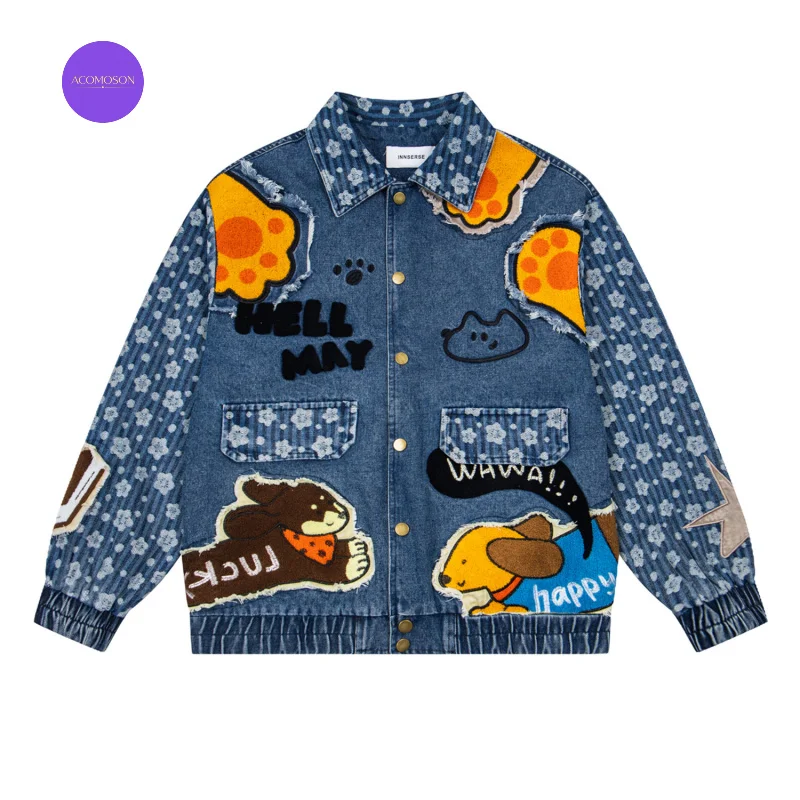 ACOMOSON Retro Cartoon Dog Embroidered Denim Jacket With Floral Patchwork Design Oversize Stand-Up Collar Jean Jacket