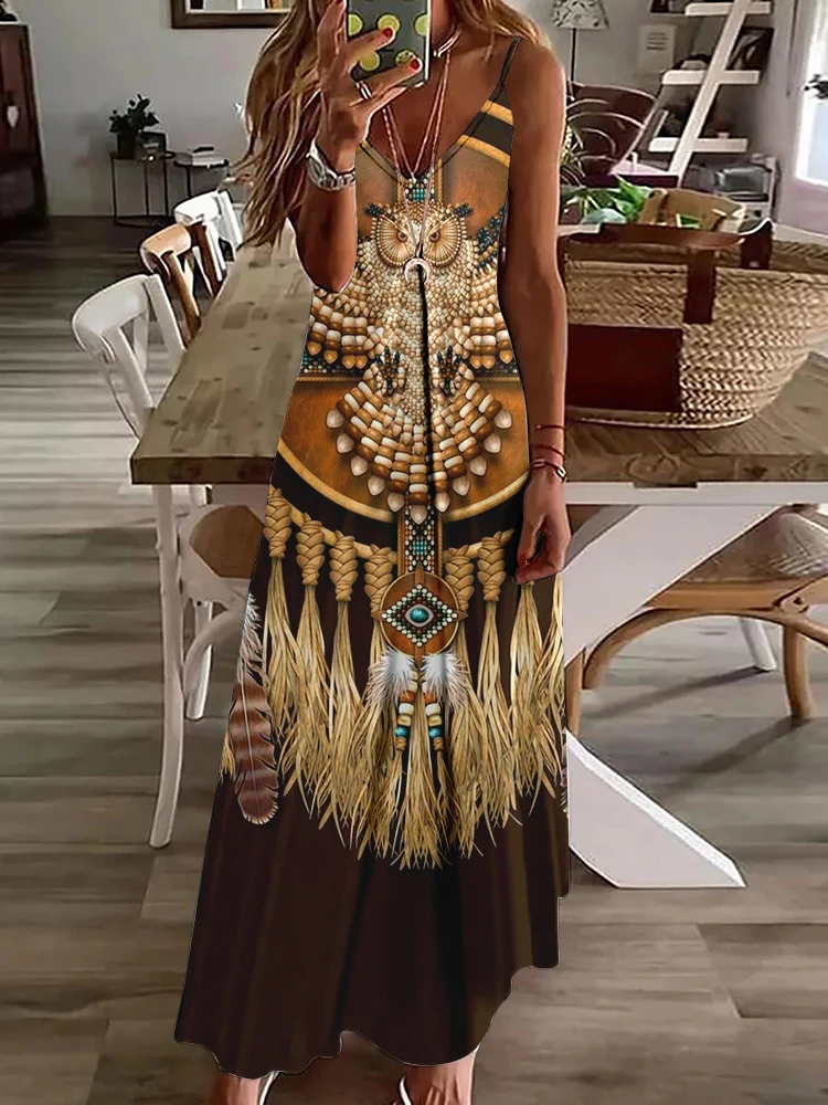 

Vintage Indian Owl Totem Print Women's Long Dress Summer Everyday Casual Women's Sleeveless Dress Party Fashion V-neck Dress