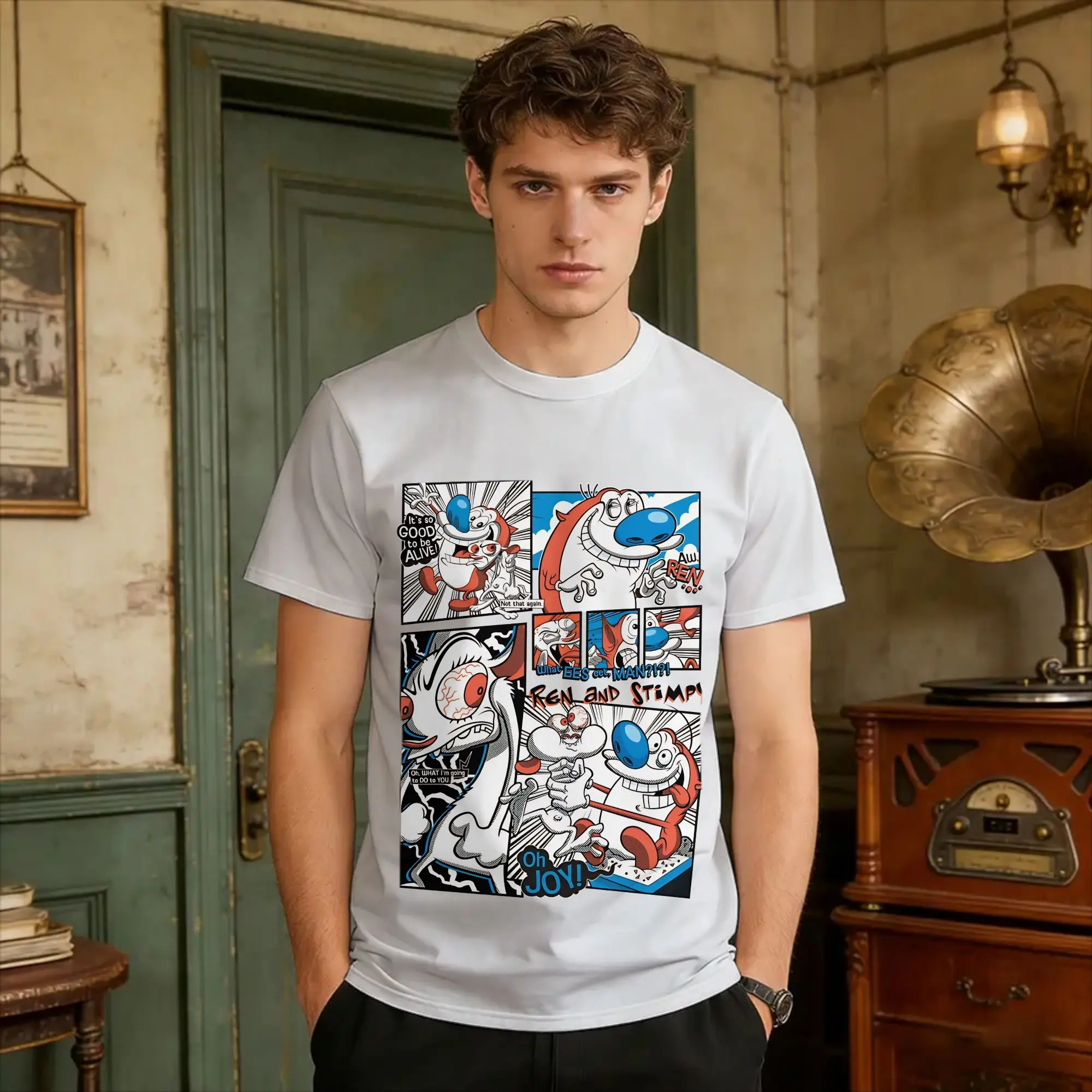 Men's T-Shirt Ren And Stimpy Vintage Color Pop Comic Strip Poster   T-Shirts Hip Hop  Summer Tee Shirt Streetwear Cotton Tops