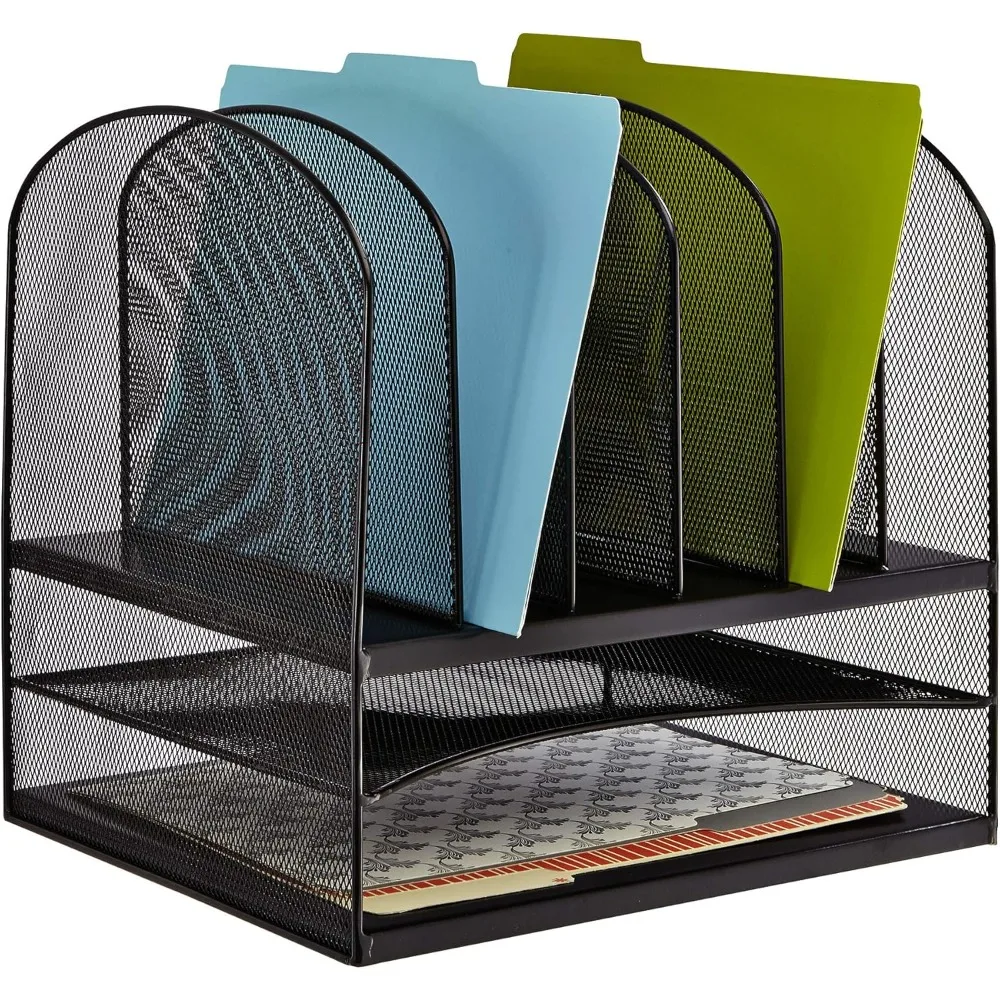 Premium Steel Mesh Desk Organizer, 6 Vertical Compartments & 2 Trays, Office Mail Sorter for Paper Files