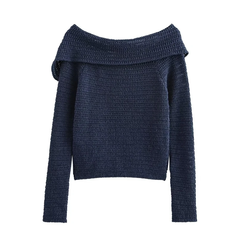 KEYANKETIAN 2024 New Women\'s Sloping Neck Off-Shoulder Sweater Autumn Sexy Navy blue Asymmetrical Buttons Chic Crop Knitted Top