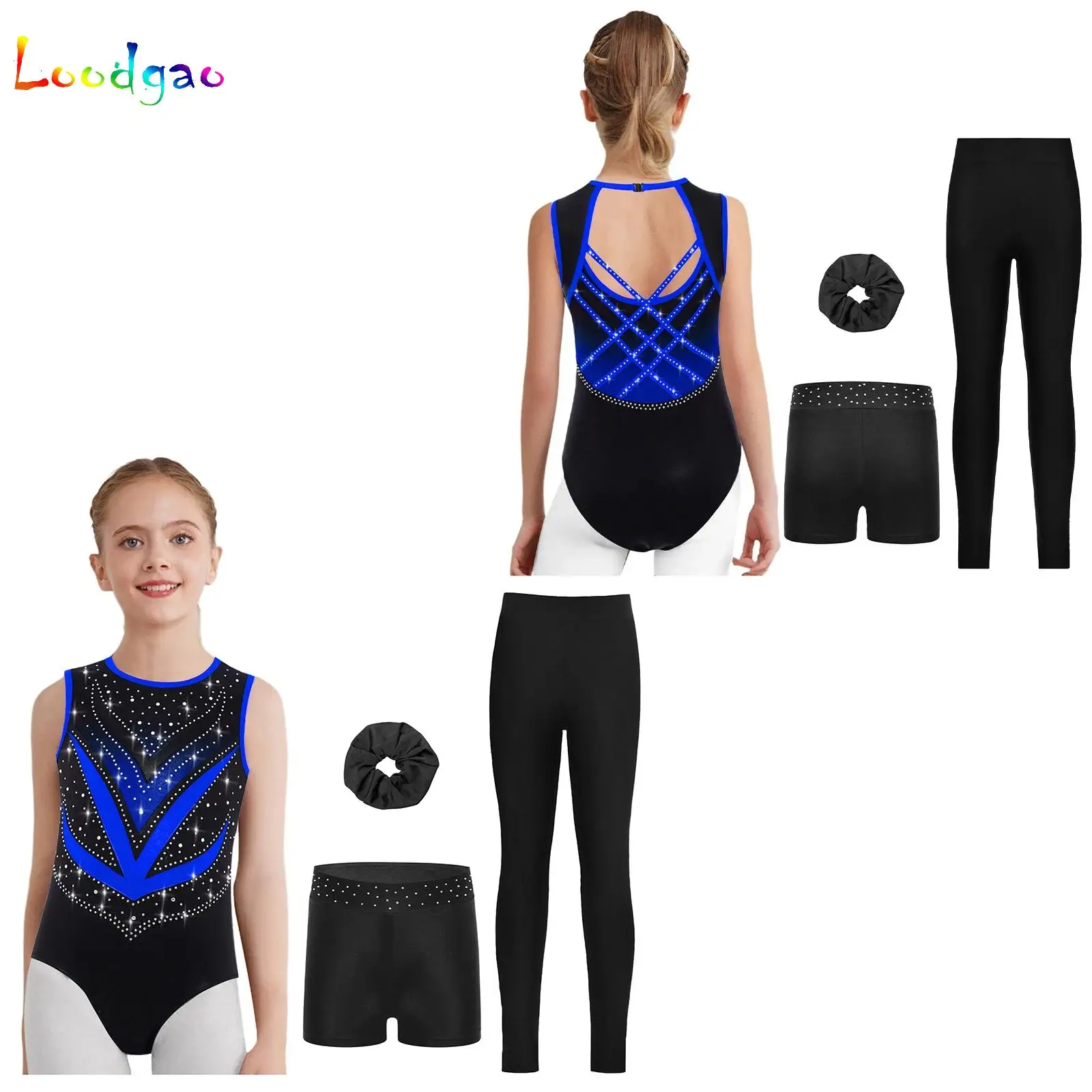 4Pcs/Set Kids Girls Ballet Dance Practice Outfit Sleeveless Gymnastics Jersey Leotard with Shorts Leggings and Hairband Sets