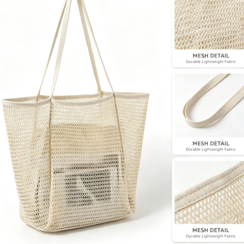 Large Capacity Mesh Beach Tote Bag Travel Swimming Organizer Pouch For Lipstick Coins And Small Items Summer Outdoor Vacation