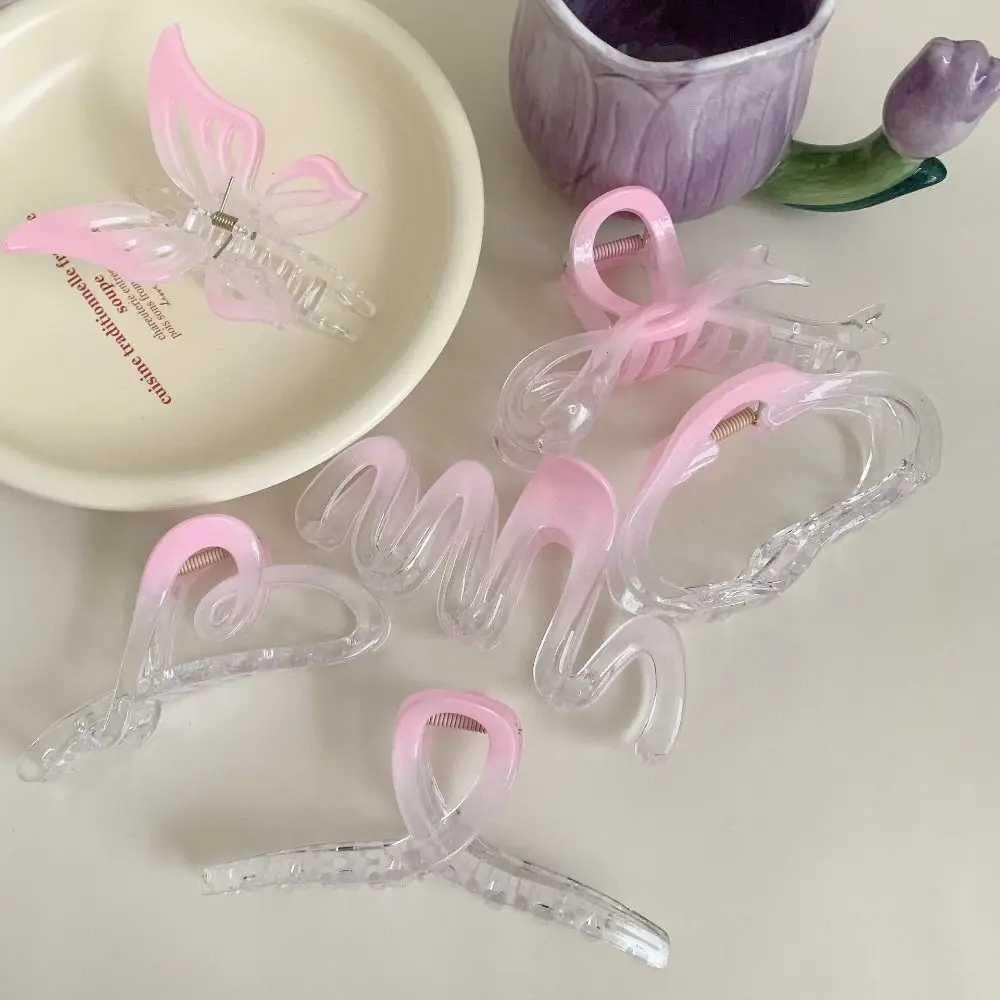 Fashion Pink Gradient Color Bow Hair Claw Heart Acrylic Butterfly Hair Clip Large Shark Clip Bowknot Female