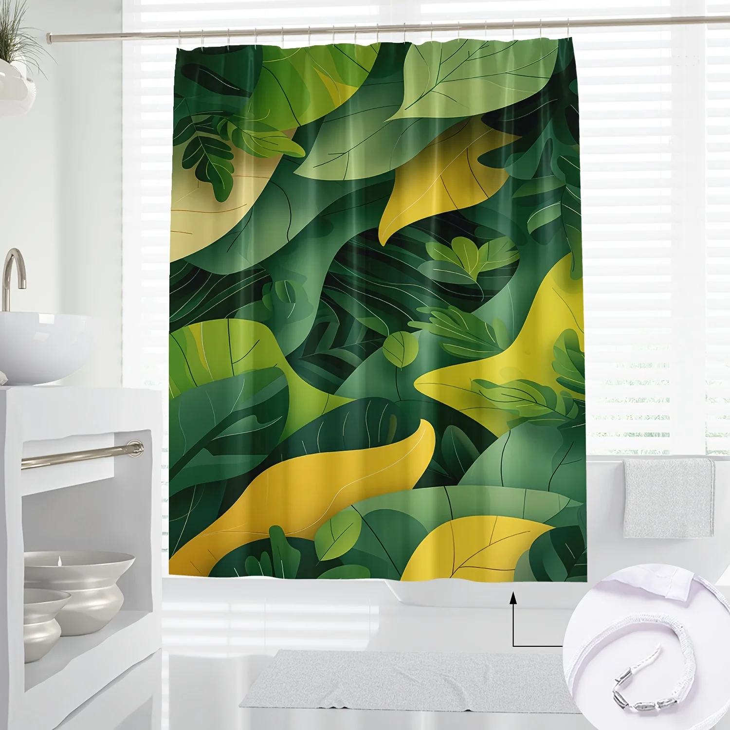 

1 шт. занавеска для душа с принтом тропических листьев - яркий зеленый и желтый полиэстеровый декор для ванны с крючками, можно стирать в машине, всесезонный