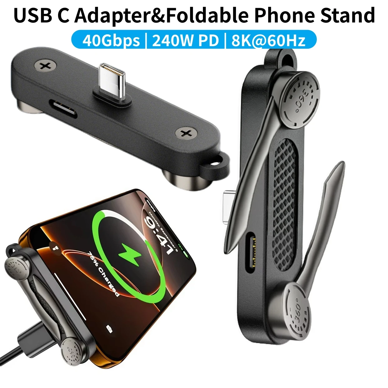 240W Fast Charging USB-C Adapter 40Gbps High Speed Data Transfer 8K 60Hz Video Casting Converter Foldable Phone Stand for Iphone