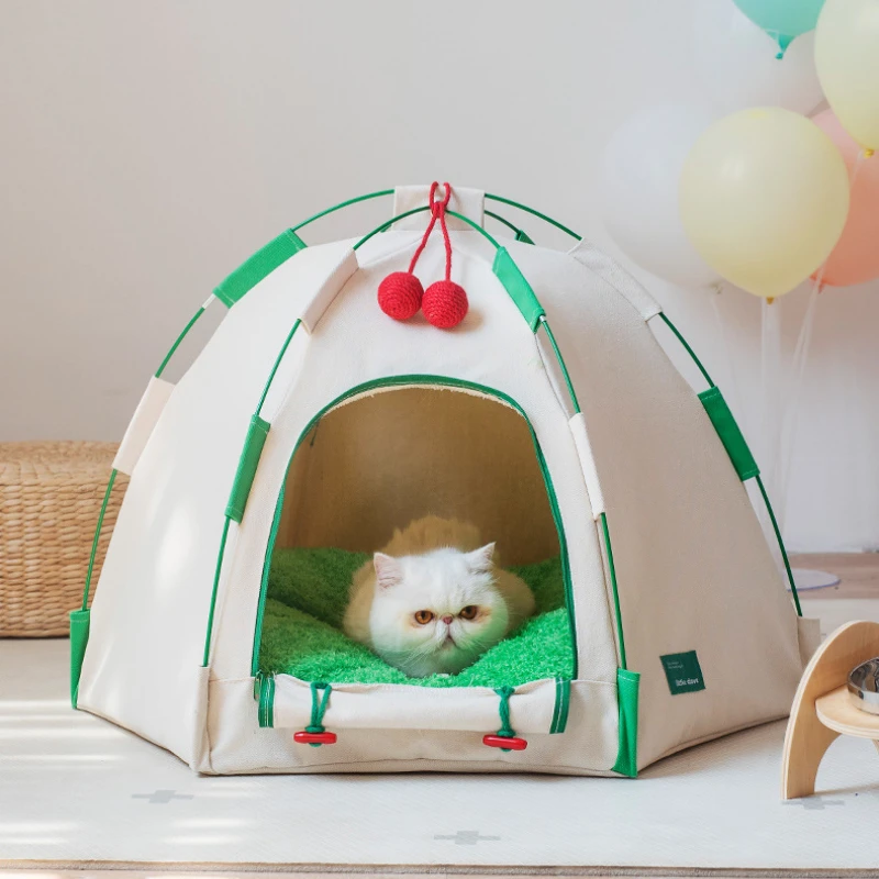 

Cotton Canvas Dome-Shaped Cat Bed Foldable Breathable Tent for Dogs Washable Pet House for All Seasons Indoor or Outdoor