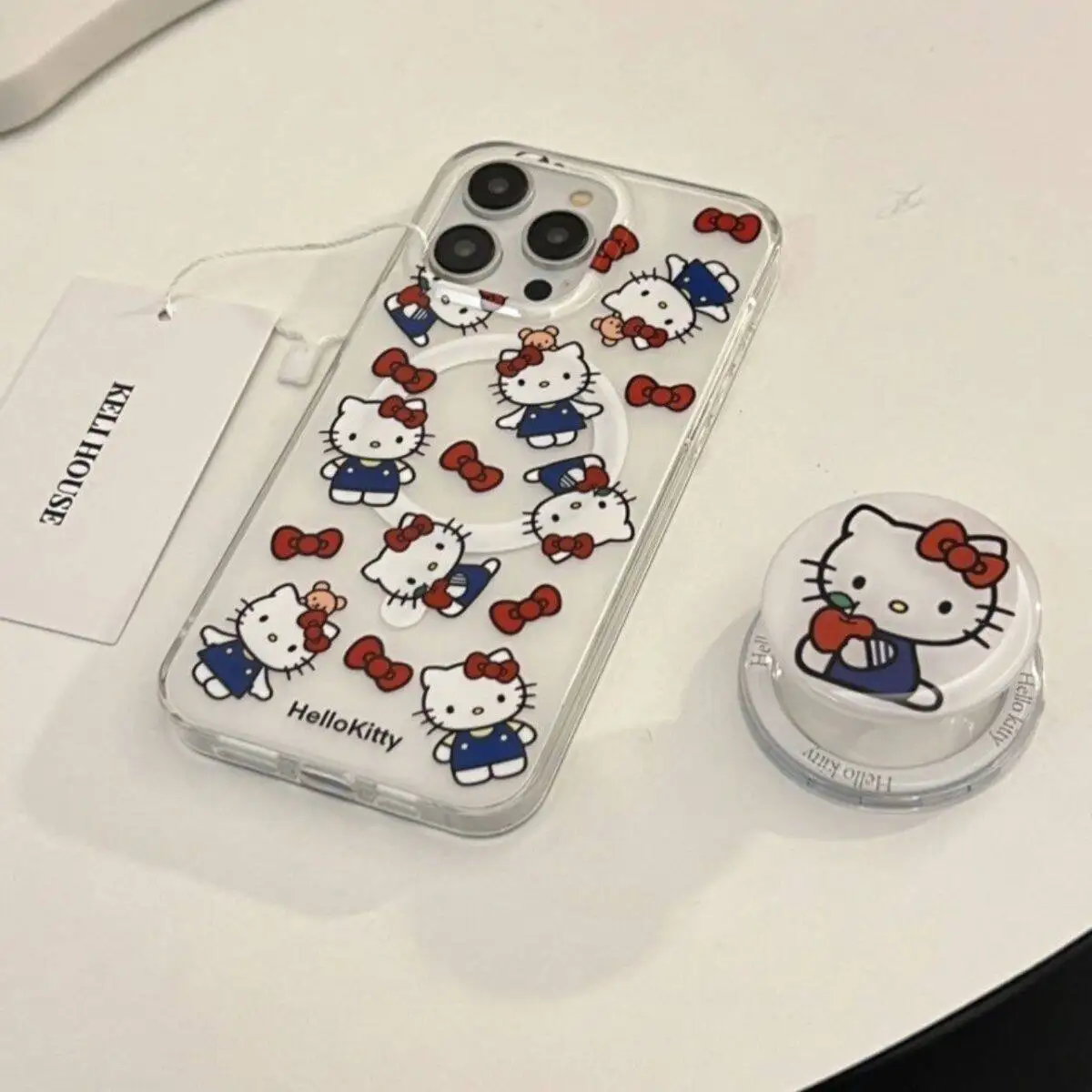 Hello Kitty Magnetic Grip Tokผู้ถือไร้สายสําหรับiPhone 16 15 14 Plus 12 Pro Max 13 Mini Hard Chain Lanyard