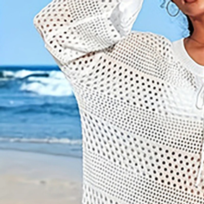 Women Hollow Out Beach Knitted Cover Up Long Sleeved Dress Summer Beach Outfit Sexy Cover Up For Summer Women Trendy Clothing