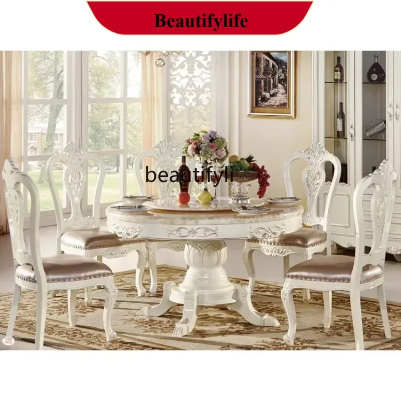 z183  European dining table and chairs combination full solid wood carving flower 1.3 meters round table pearl white paint