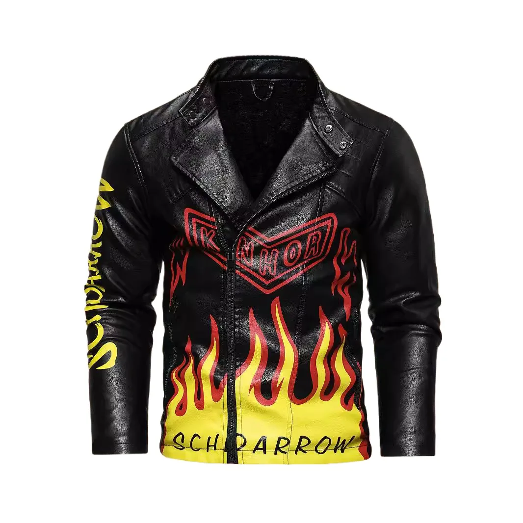 Men's Fashion Leather Biker Jacket Fleece Lined Warm Windproof Motorcycle Rider Coat Flame Printed PU Motor Outerwear EU Size