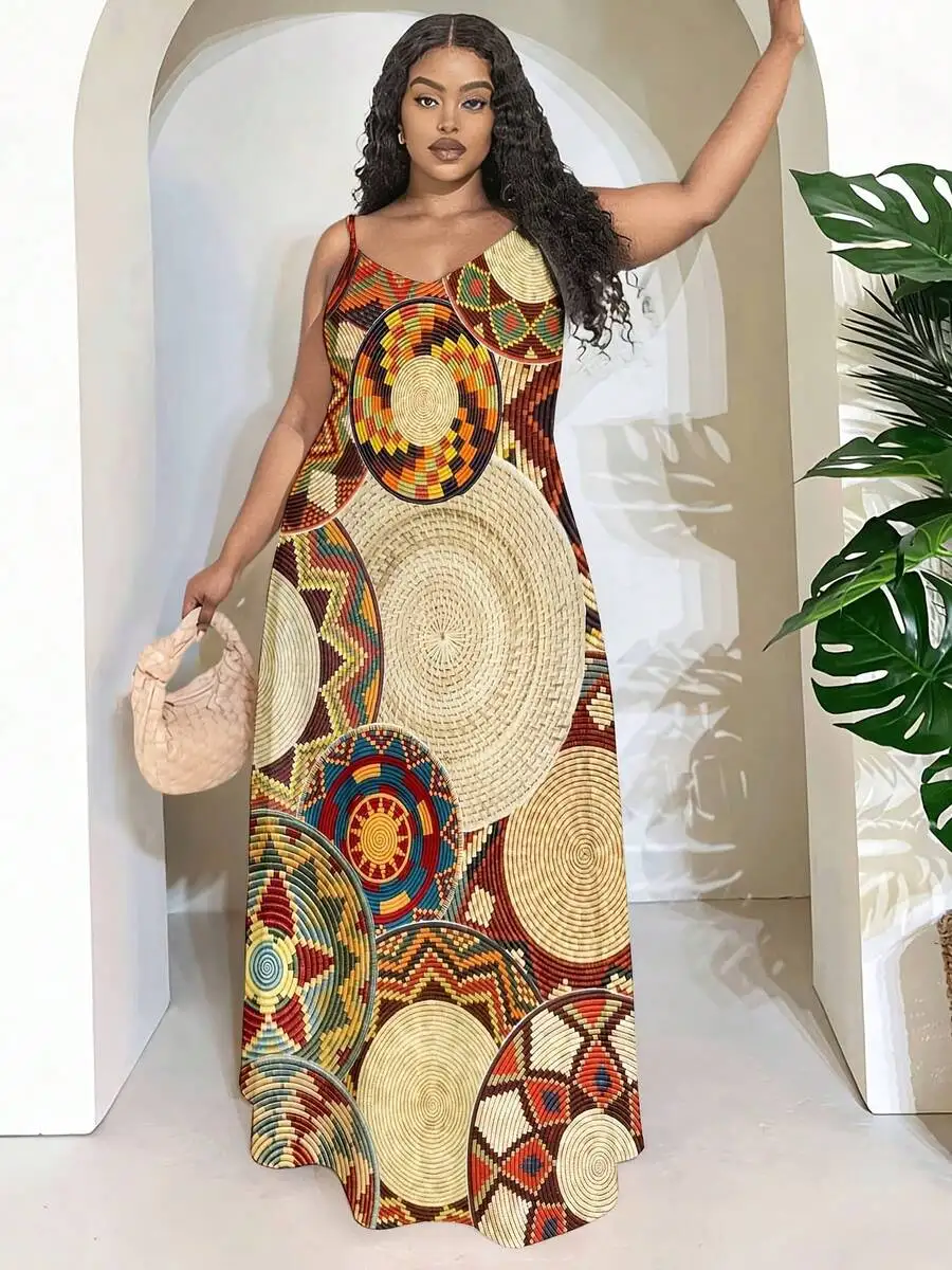 

Women Boho Maxi Dress With Tribal Print Spaghetti Strap Long Summer Dress For Beach Vacation Party