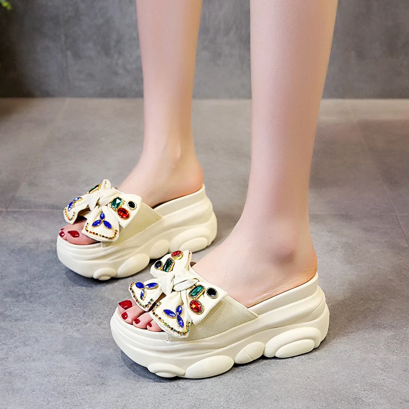 Increased Internal Flat Shoes Female House Slippers Platform Slipers Women On A Wedge Heeled Mules Slides Butterfly-Knot 2023 Hi