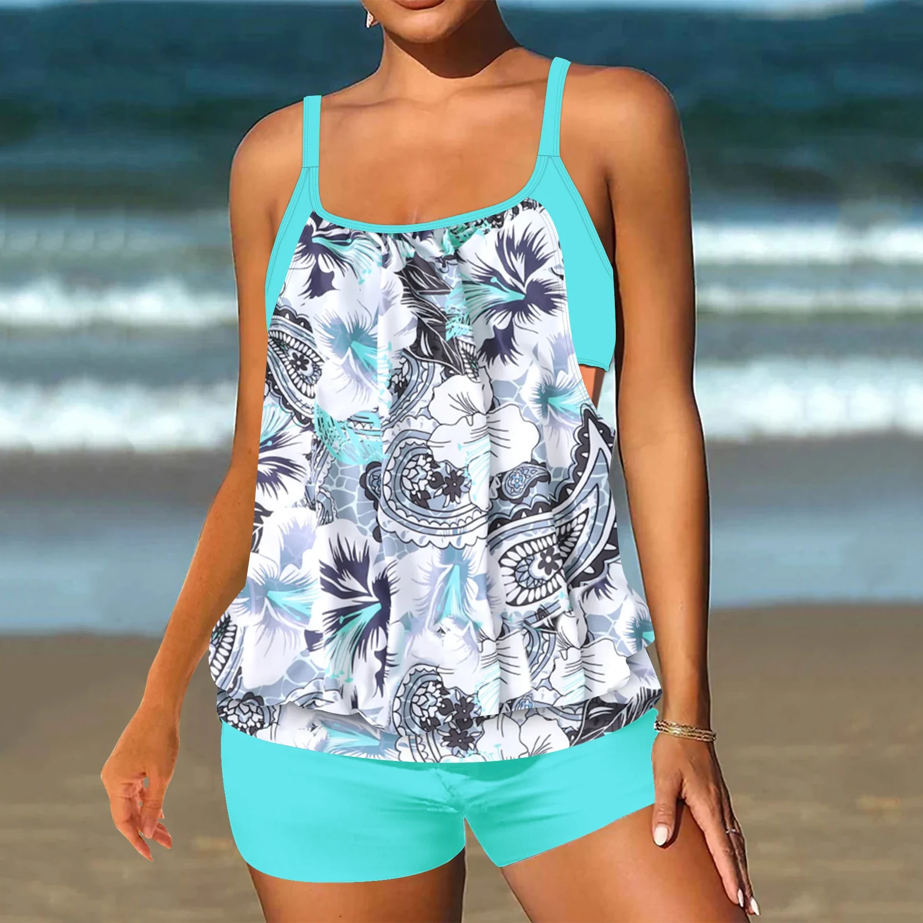 Women's Tankini Swimsuit Set, Floral Print Backless Two-Piece Swimwear, Fashionable Beachwear with Tank Top & Shorts Sexy Bikini