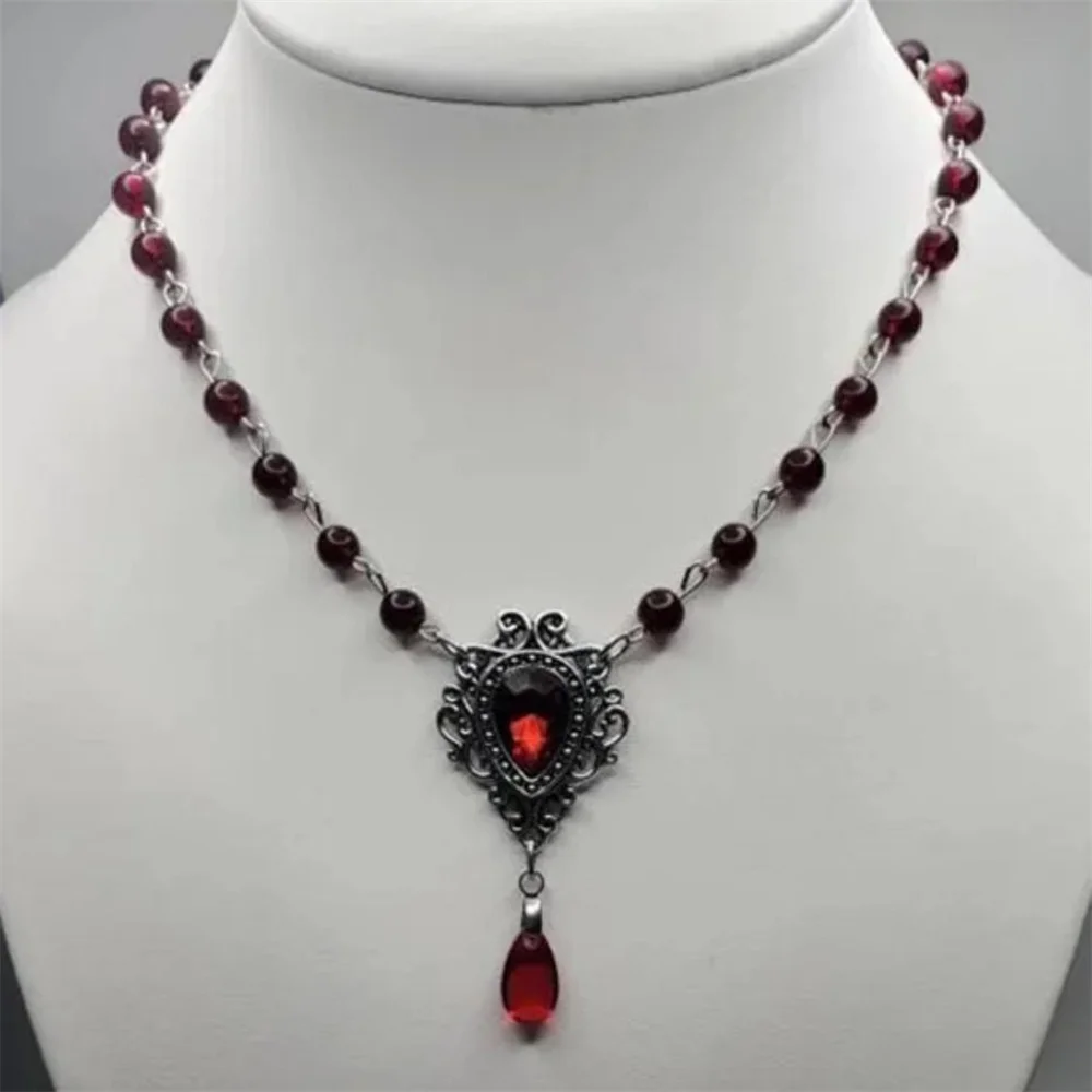 Gothic Vampire Crystal Cameo Rosary Necklace For Women Red Rosary Drop Pendant Choker Witch Halloween Jewelry Accessories Gift