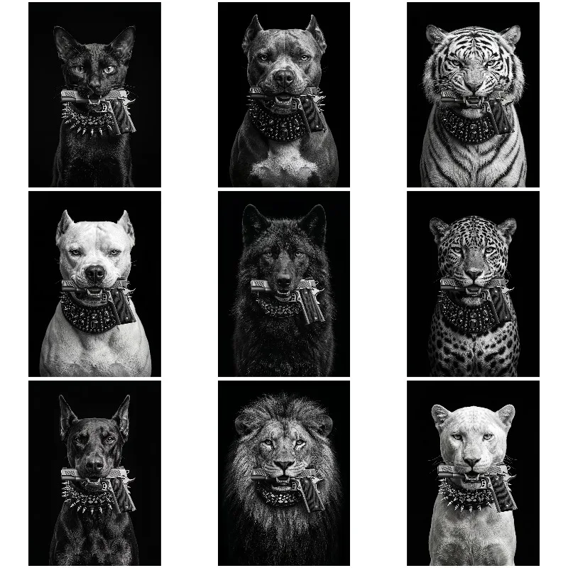 Modern Minimalist Wild Animal Canvas Painting Poster Black Wolf Lion Panther Gun Wall Art Living Room Home Decor Picture Gift
