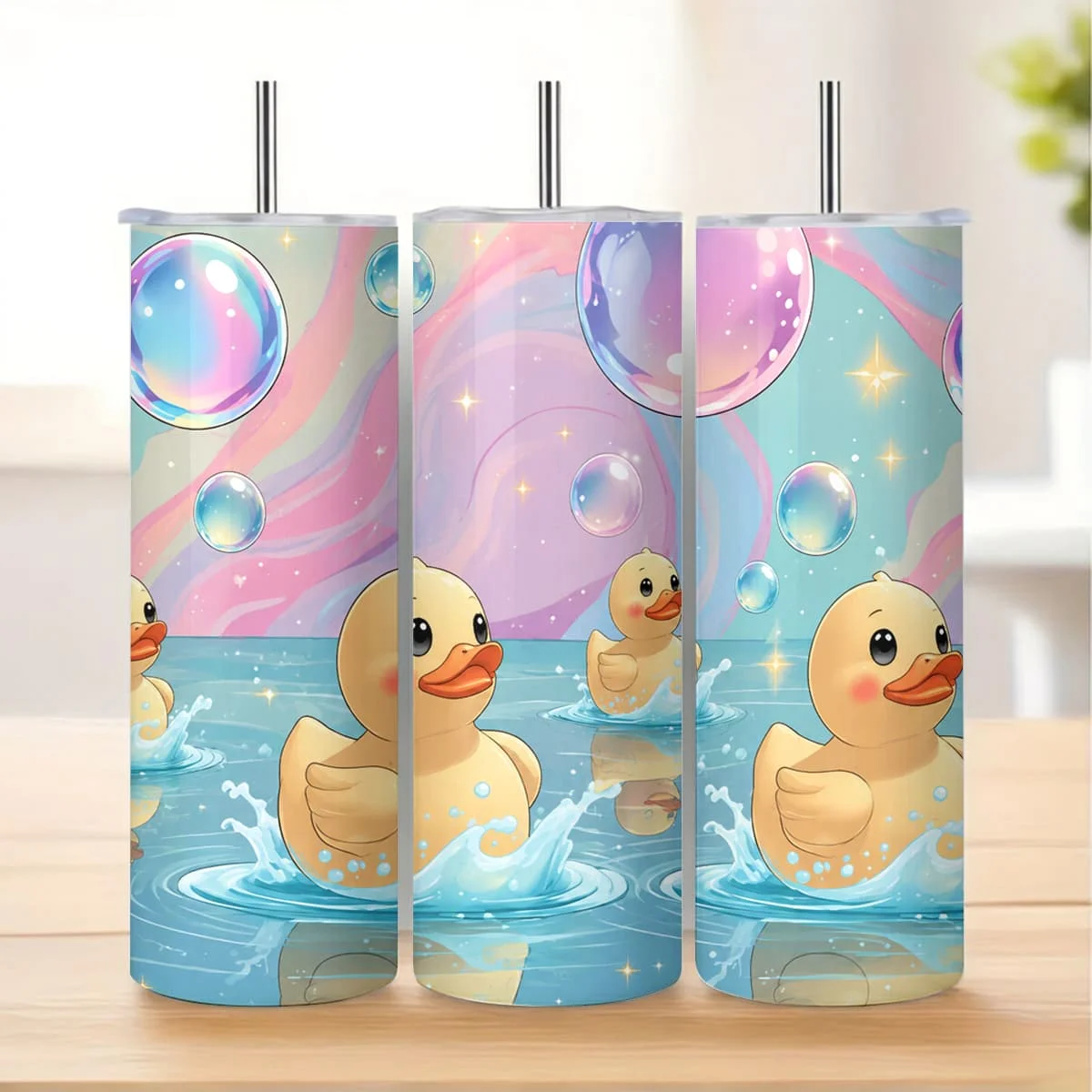 1pc 20Oz Cute Yellow Rubber Ducks Swimming in Blue Water with Colorful Bubbles And Sparkles Pattern Stainless Steel Insulated Tumblers Coffee Office Travel Mug with Lid Cup Daily Use Leakproof And Bpa Free Keep Drink Hot And Cold Ideal Gift for