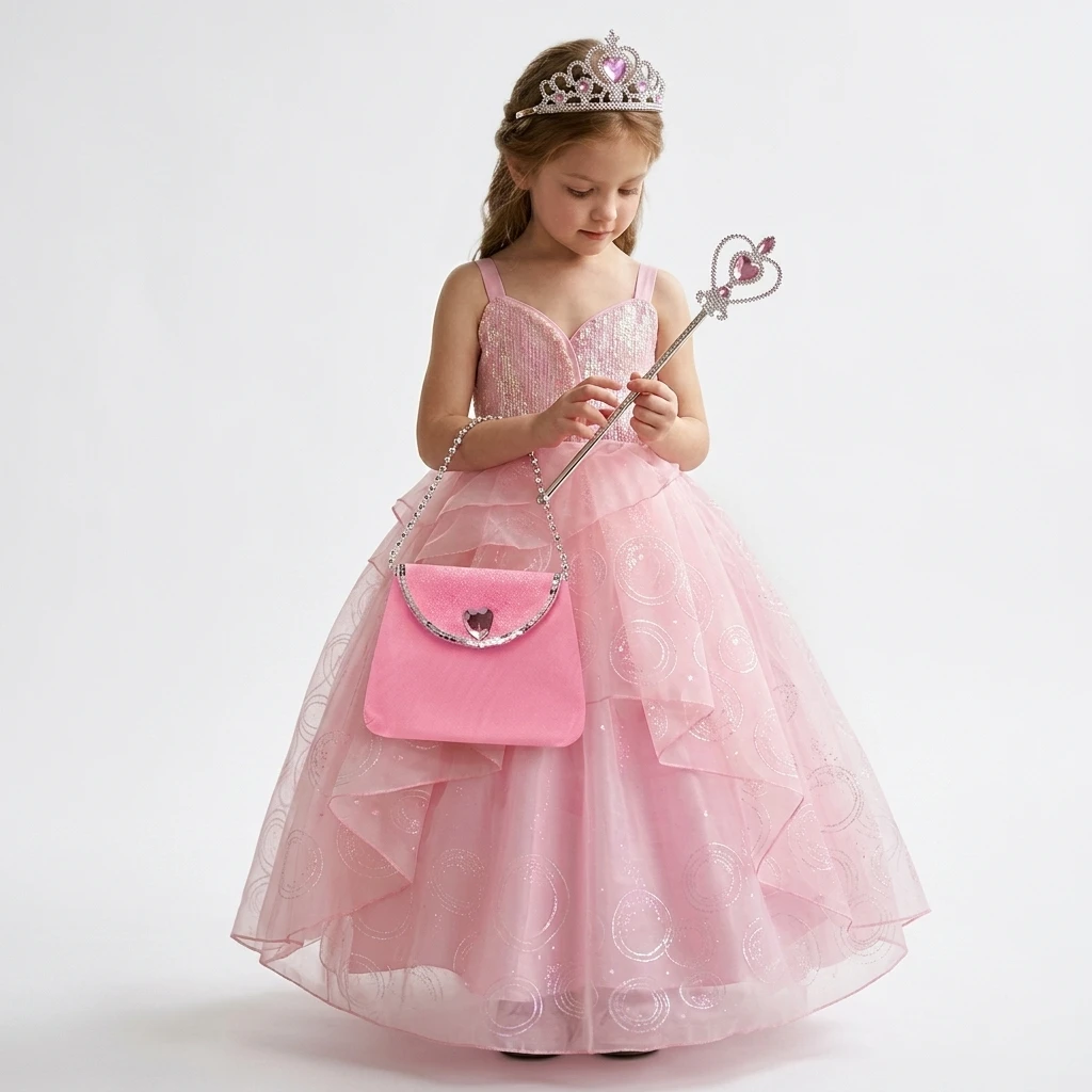 Girls Pink Princess Dress Sequins Cosplay Costume Kids Birthday Party Fancy Dress Up Outfits Tiara Wand Set Halloween Clothing