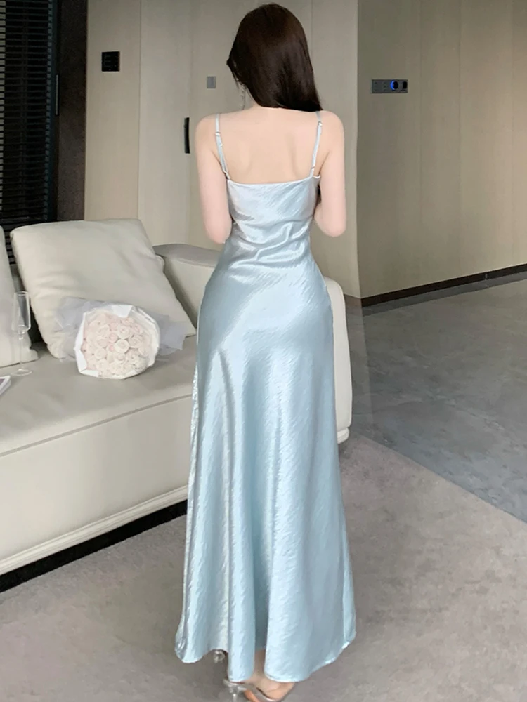 Women Blue Satin Pleated Bodycon Sling Sexy Long Dress Summer Elegant Luxury Dance Party Dress 2025 Korean Bodycon Evening Dress