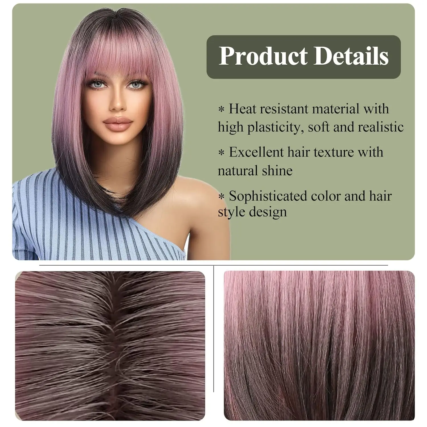 LOUIS FERRE Black Pink Ombre Synthetic Wigs for Cosplay Short Straight Bob Wigs with Bangs for Women Heat Resistant Fake Hair