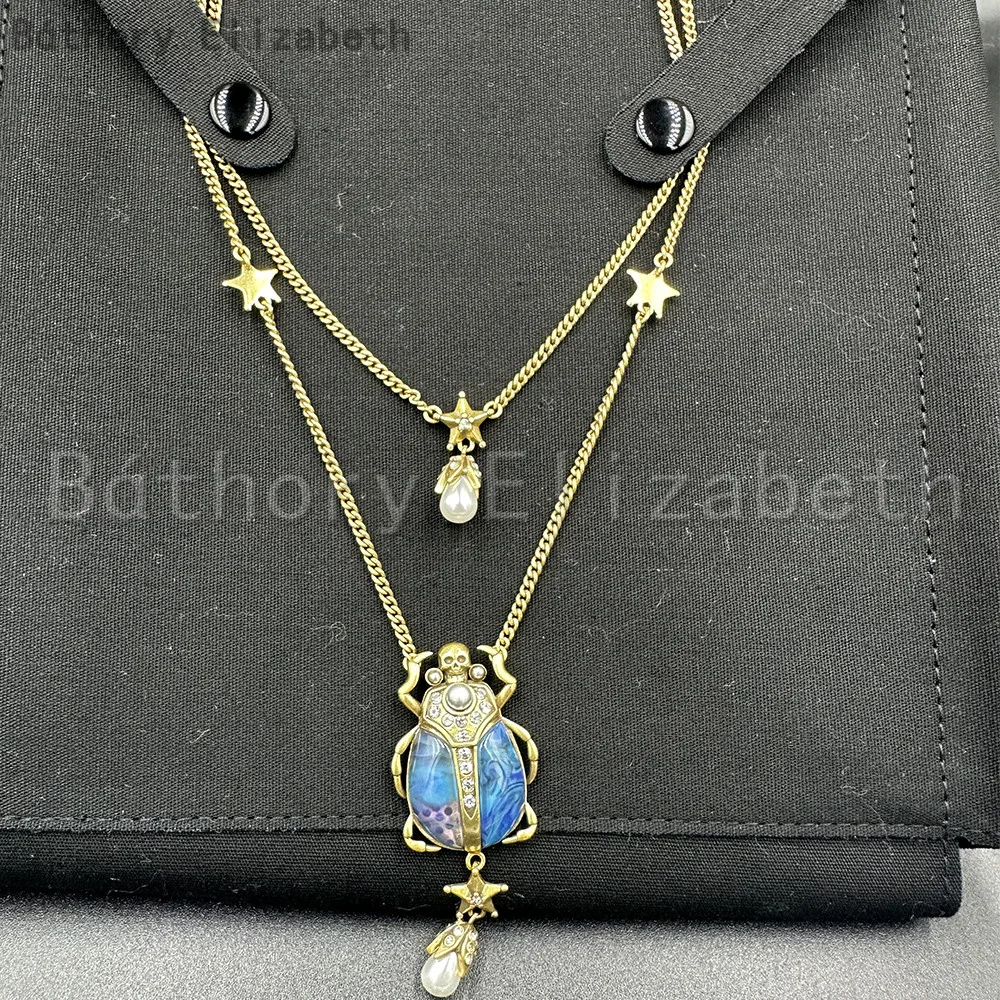 Elizabeth Báthory Woman Fashion Blue Beetle Double Layer Necklace Vintage Star Pearl Pendant Rock Punk Skull Chain Free Shipping