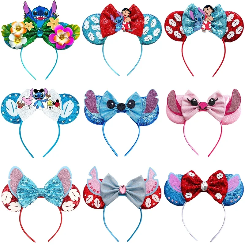 Disney Lilo & Stitch Ears Headbands For Women Colorful Anime Hairband Kids Sequins Bow Headband Girl Hair Accessories Party Gift