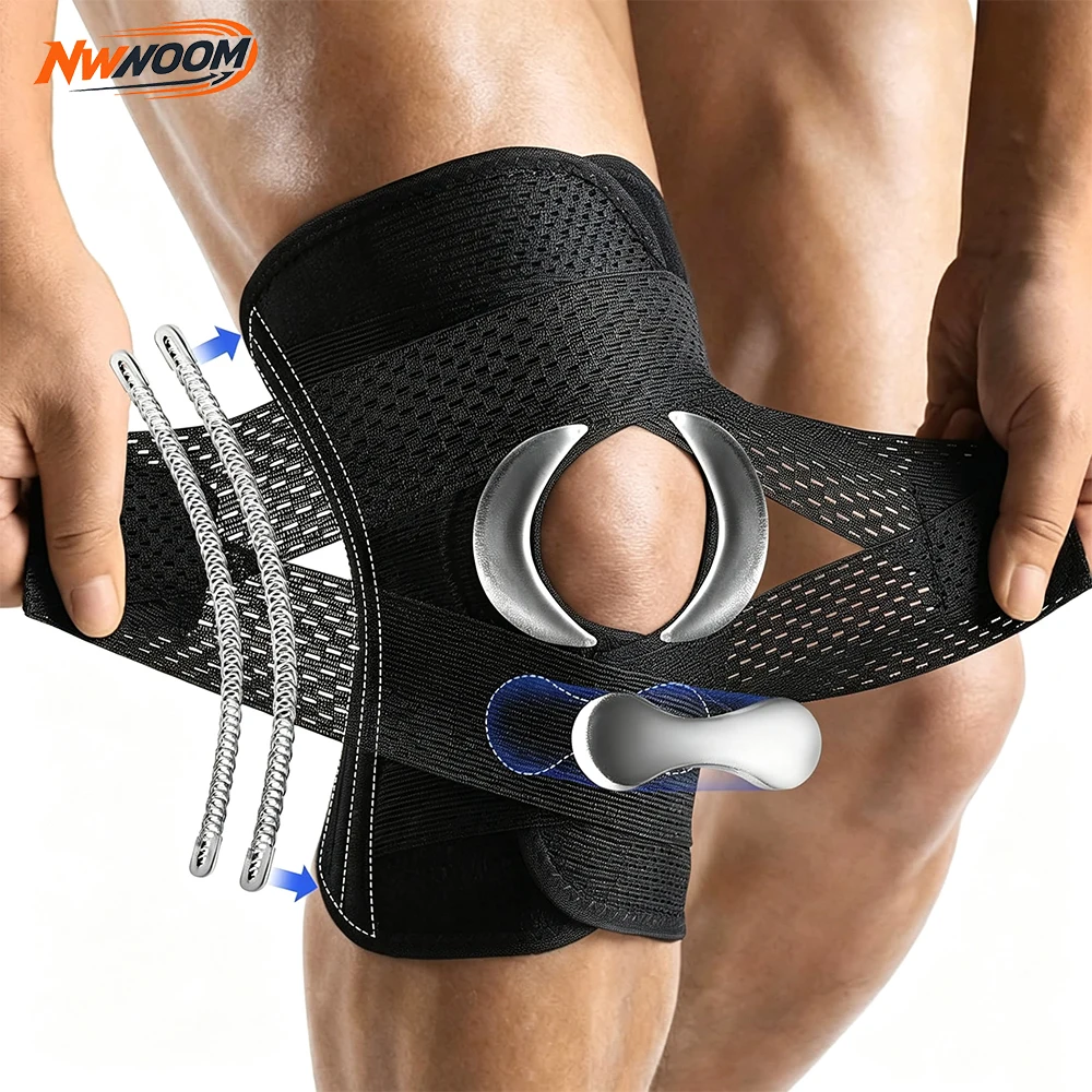 Meniscus Knee Support Wrap with Side Stabilizers & V-Straps, Adjustable Knee Brace for Running Basketball Sports Knee Stabilizer