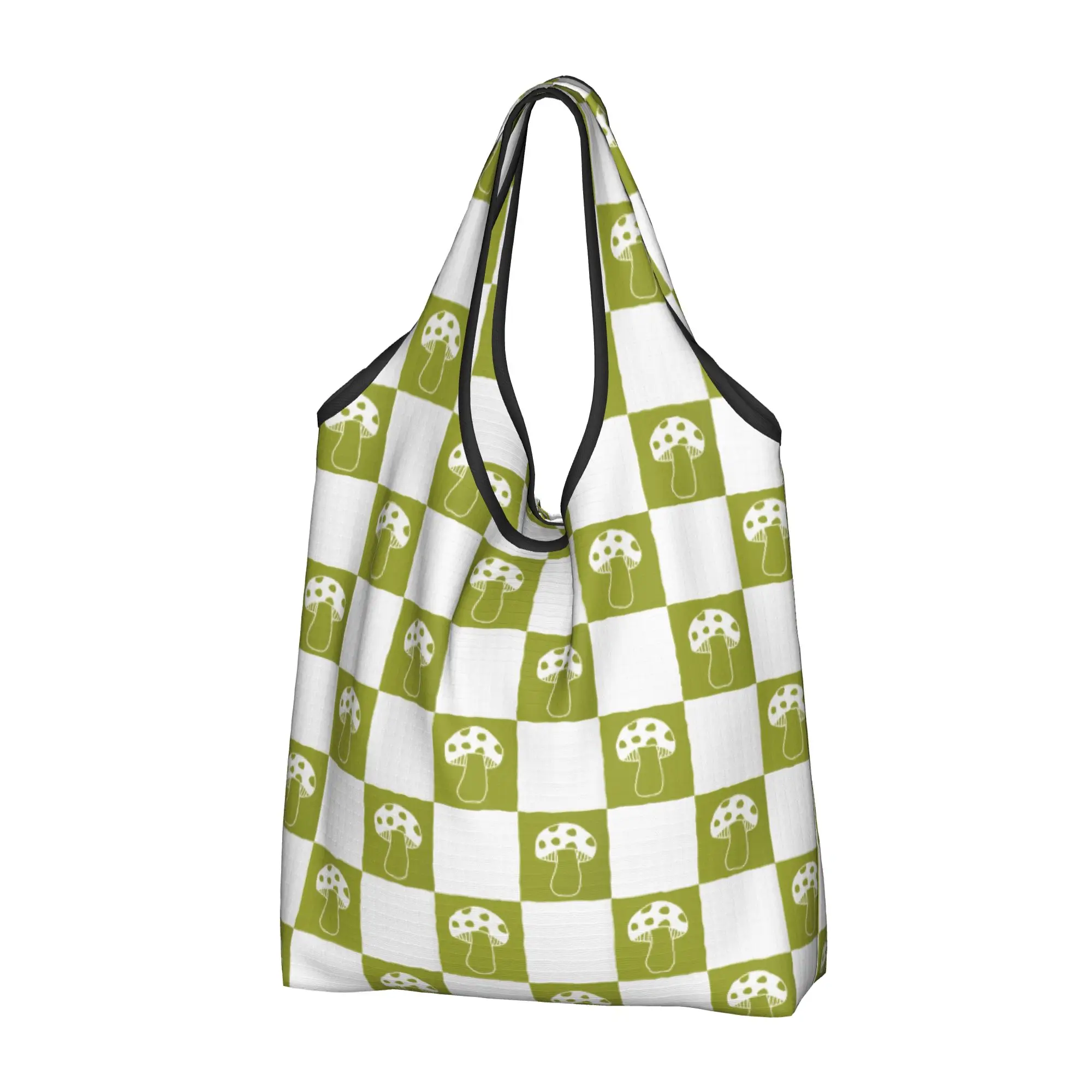 Custom Mushroom Checkerboard White Green Shopping Bags Women Portable Big Capacity Groceries  Shopper Tote Bags